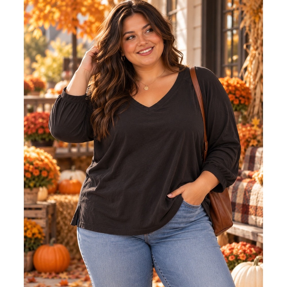Mossimo Women's Size 14-16W Black V-Neck Top 3/4 Sleeve Relaxed Fit Knit Blouse